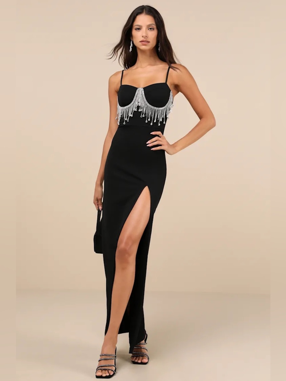 Lulus Divine Extravagance Black Rhinestone Fringe Bustier Maxi Dress Black NEW M